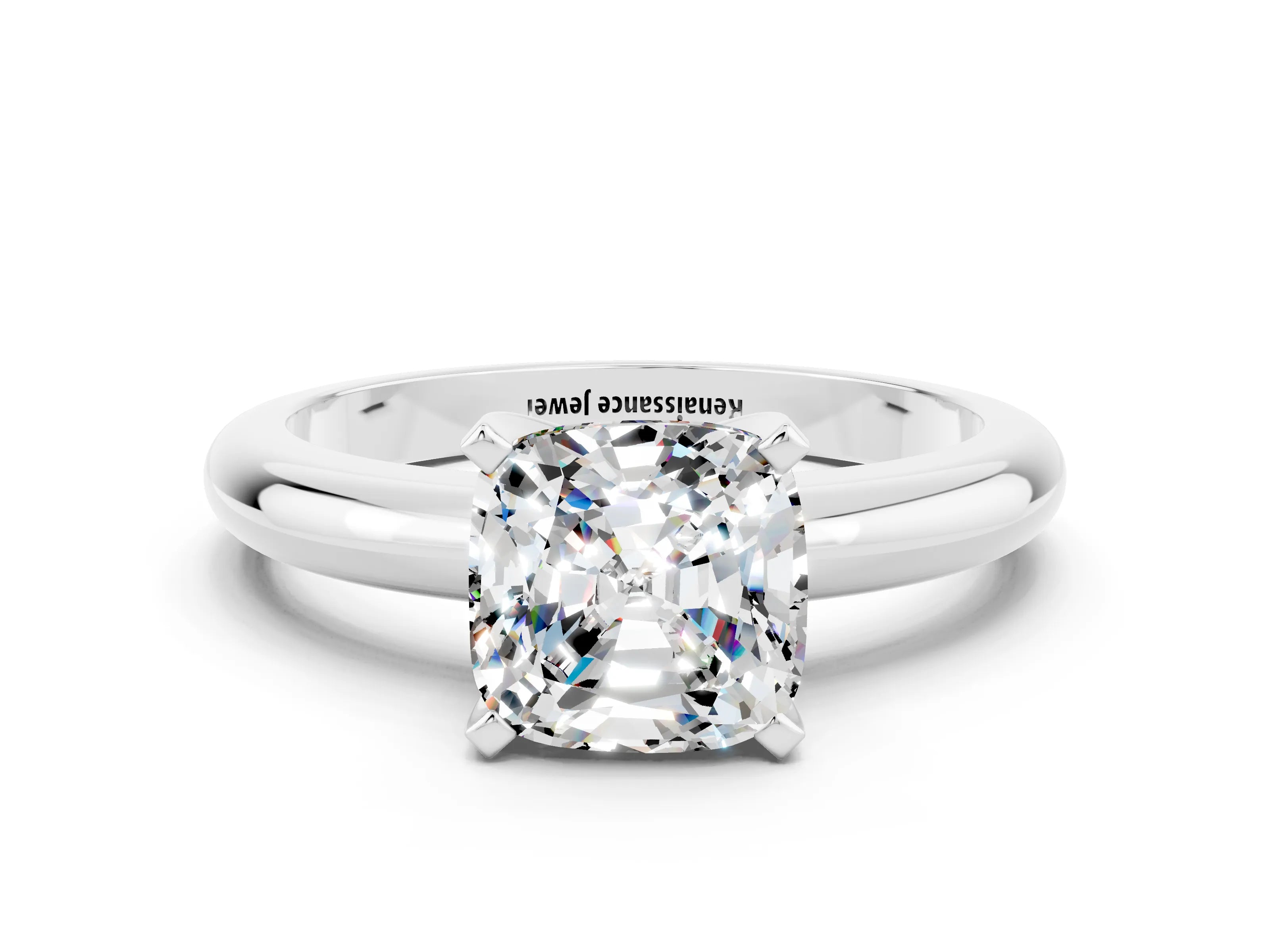 White gold Cushion Cut Moissanite Solitaire Engagement Ring with Round Band and Four-Prong Setting