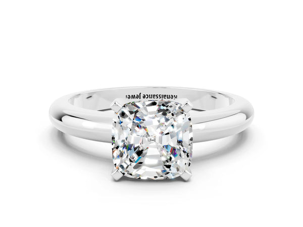 White gold Cushion Cut Moissanite Solitaire Engagement Ring with Round Band and Four-Prong Setting