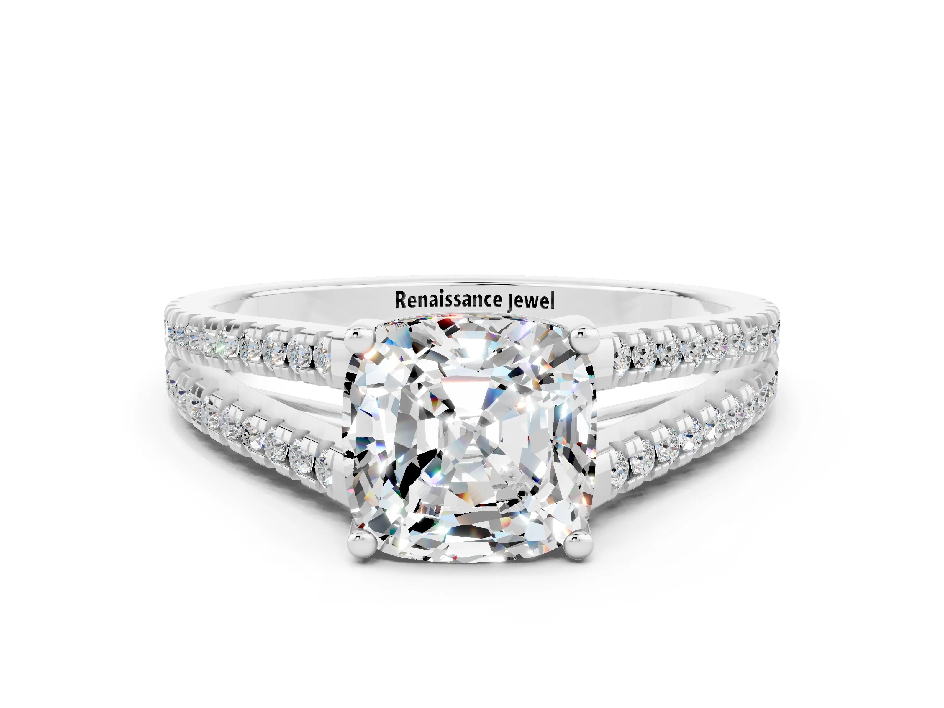 White gold Cushion Cut Moissanite Solitaire Engagement Ring with Split Shank Pavé Band