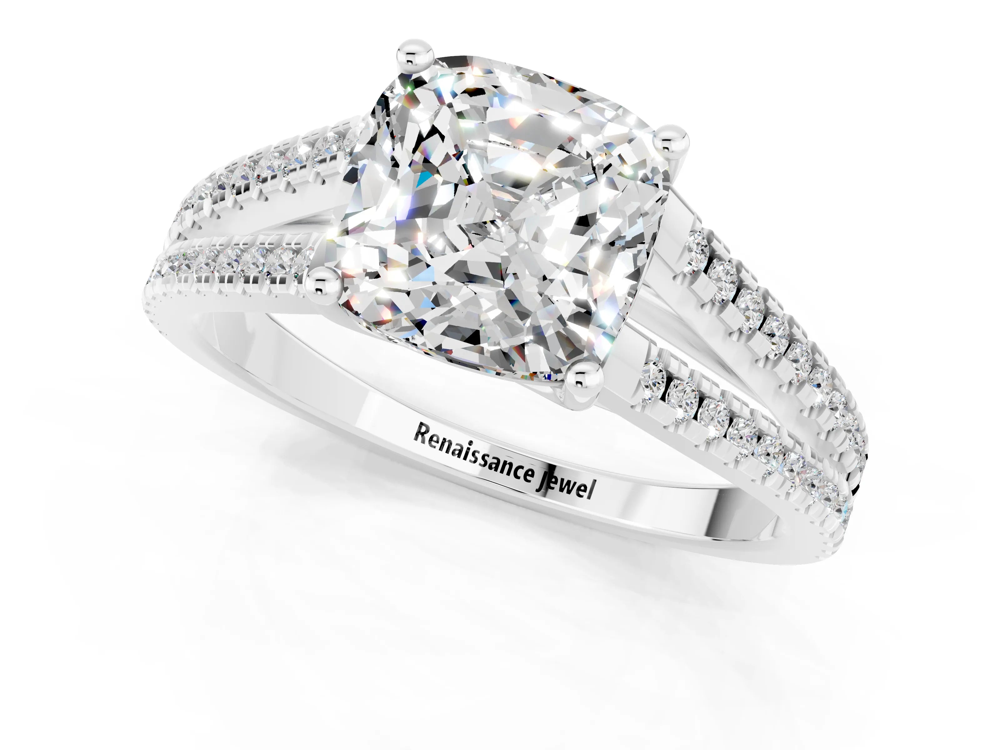 White gold Cushion Cut Moissanite Solitaire Engagement Ring with Split Shank Pavé Band_1