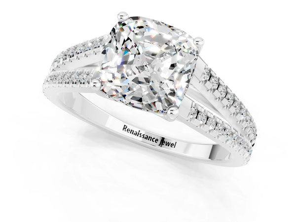 Platinum Cushion Cut Moissanite Solitaire Engagement Ring with Split Shank Pavé Band