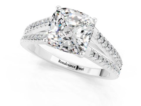White gold Cushion Cut Moissanite Solitaire Engagement Ring with Split Shank Pavé Band_1