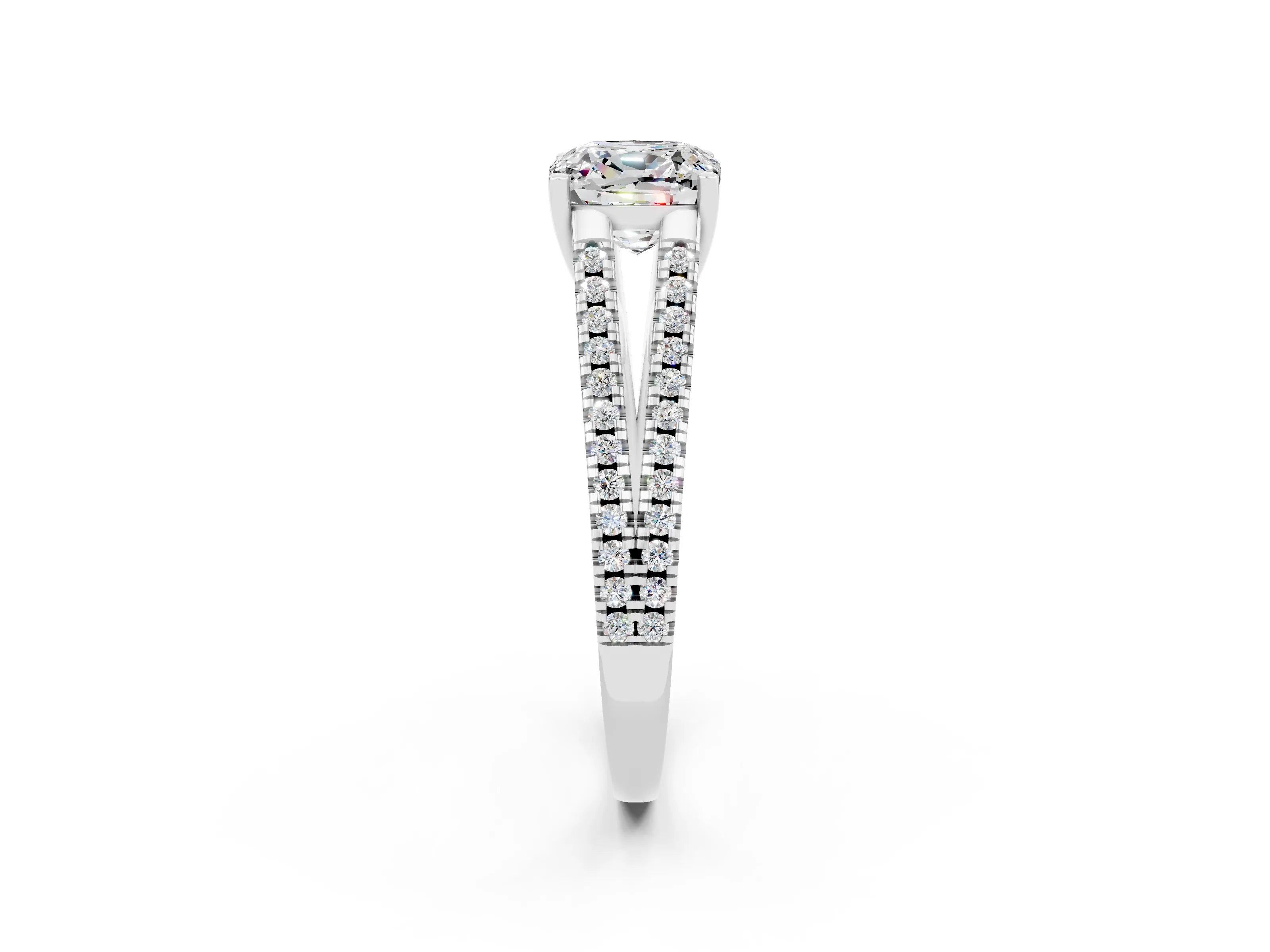 White gold Cushion Cut Moissanite Solitaire Engagement Ring with Split Shank Pavé Band_2