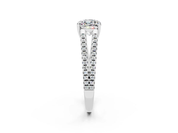 White gold Cushion Cut Moissanite Solitaire Engagement Ring with Split Shank Pavé Band