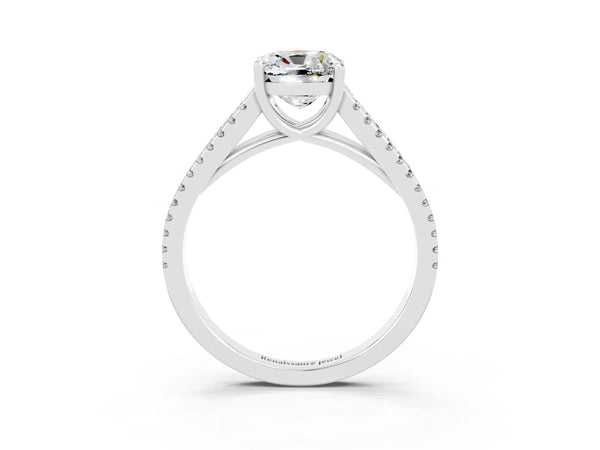 Platinum Cushion Cut Moissanite Solitaire Engagement Ring with Split Shank Pavé Band