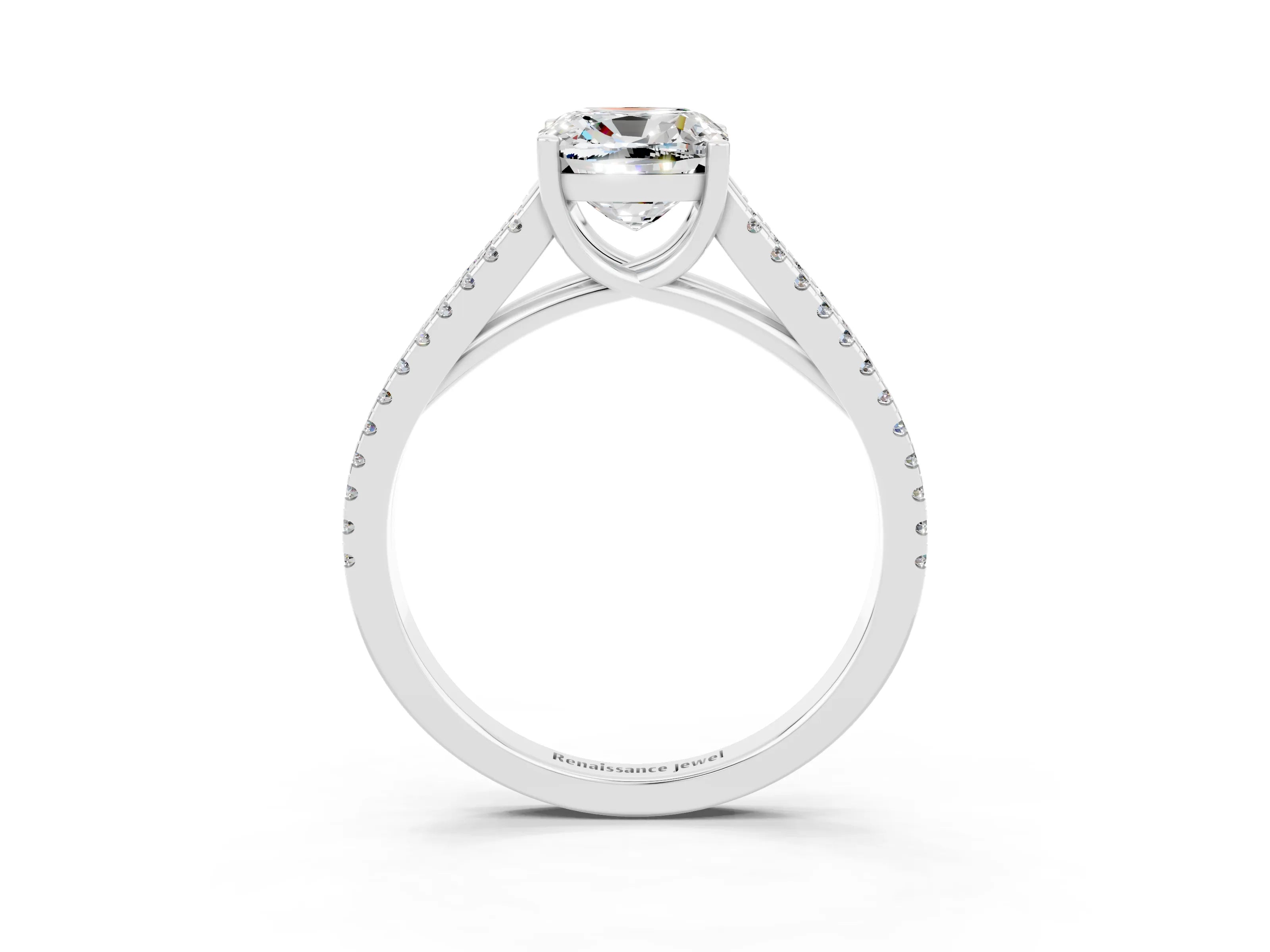 White gold Cushion Cut Moissanite Solitaire Engagement Ring with Split Shank Pavé Band_3
