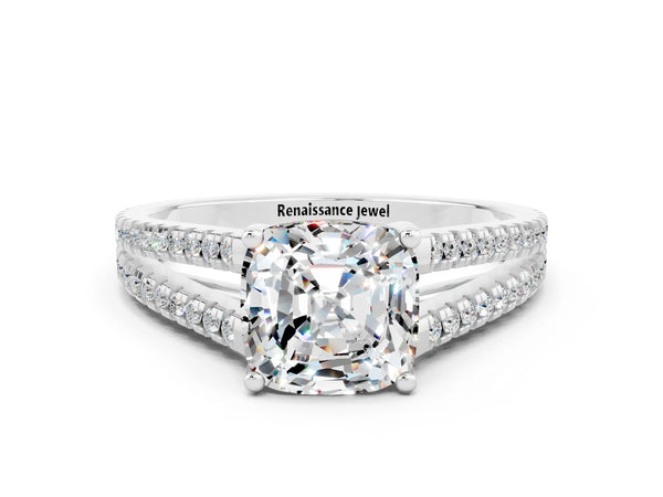 Silver Cushion Cut Moissanite Solitaire Engagement Ring with Split Shank Pavé Band