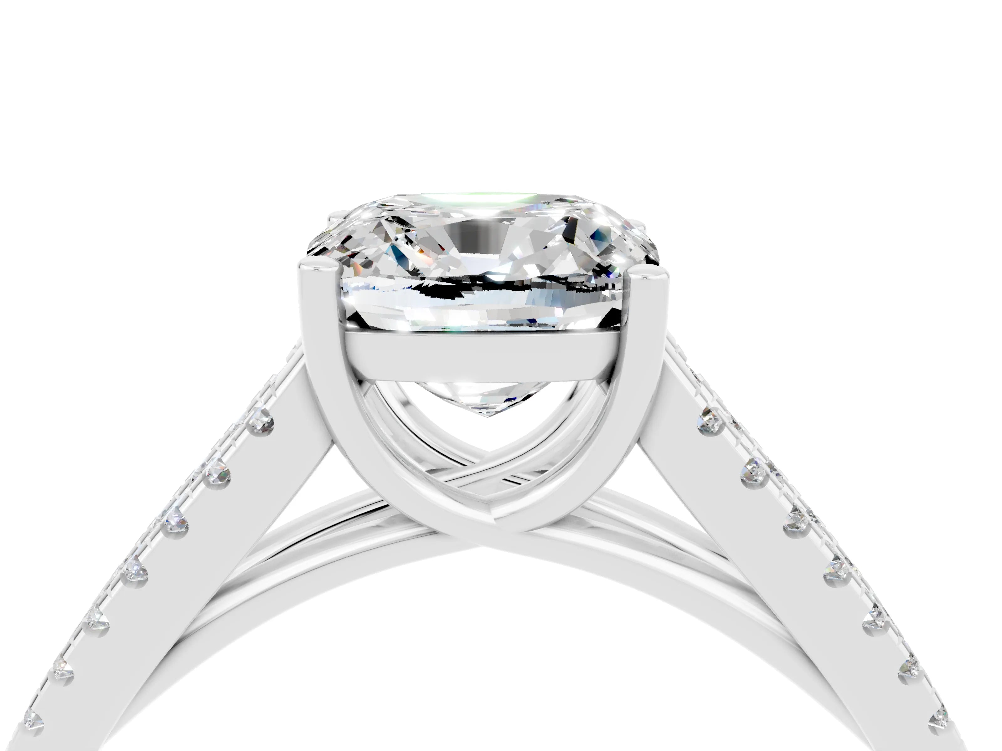 White gold Cushion Cut Moissanite Solitaire Engagement Ring with Split Shank Pavé Band_4