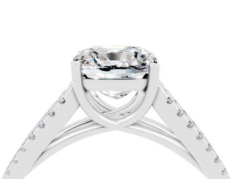 White gold Cushion Cut Moissanite Solitaire Engagement Ring with Split Shank Pavé Band_4