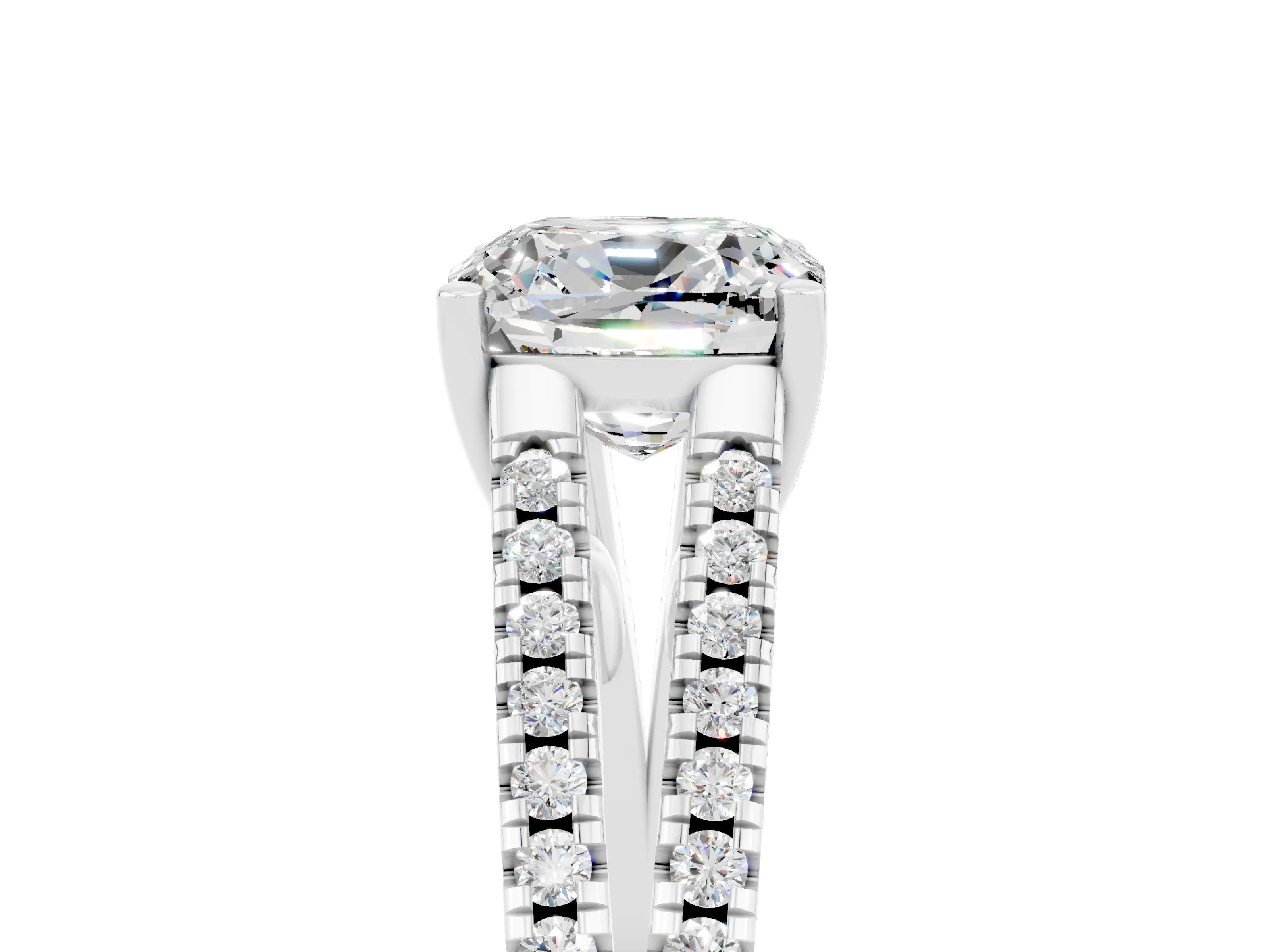 White gold Cushion Cut Moissanite Solitaire Engagement Ring with Split Shank Pavé Band_5