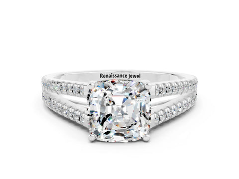 White gold Cushion Cut Moissanite Solitaire Engagement Ring with Split Shank Pavé Band