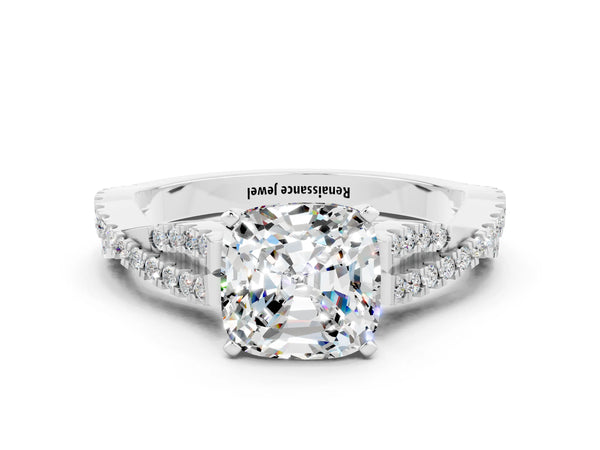 Platinum Cushion Cut Moissanite Solitaire Engagement Ring with Twisted Pavé Band and Four-Prong Setting