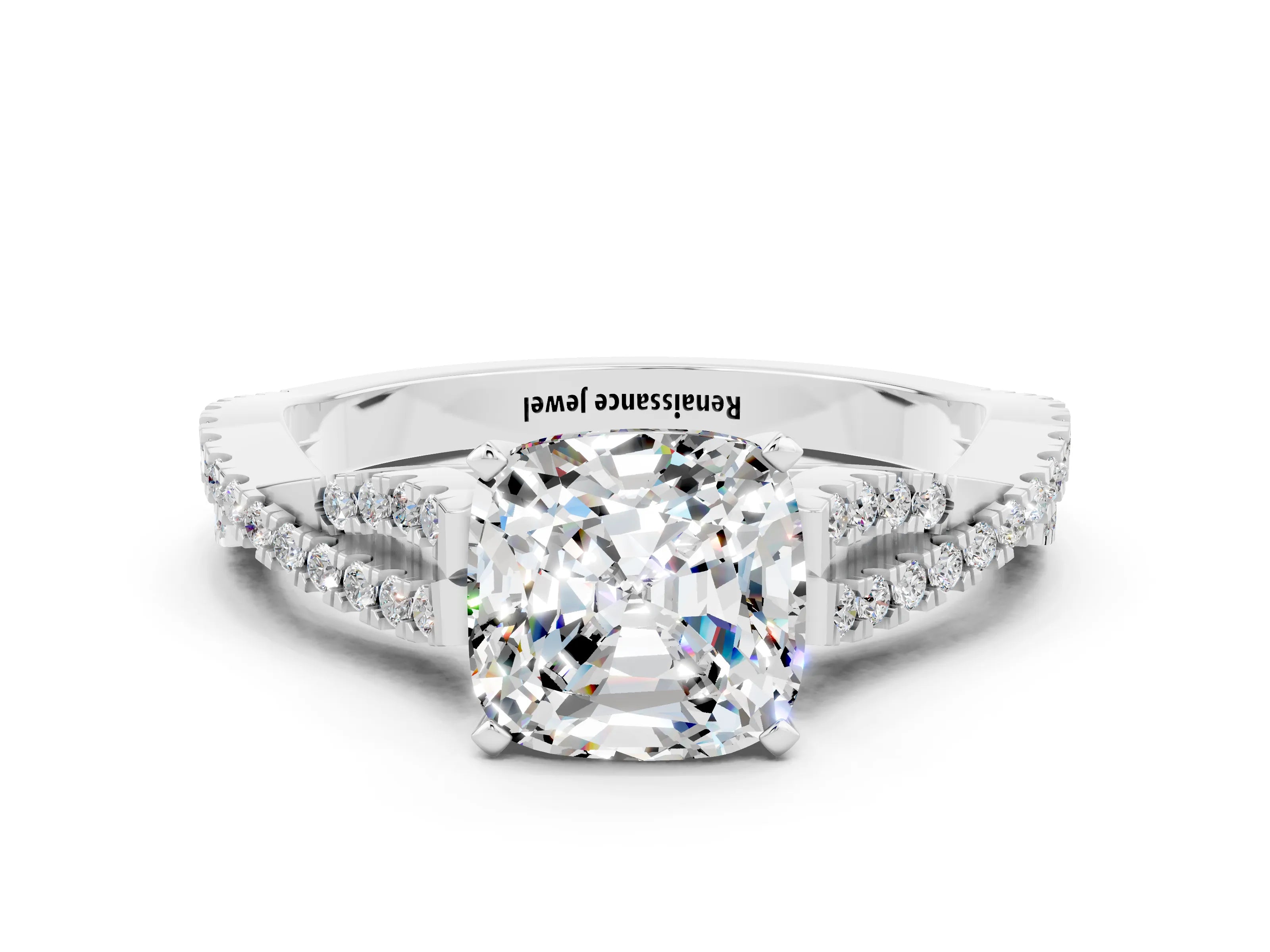 White gold Cushion Cut Moissanite Solitaire Engagement Ring with Twisted Pavé Band and Four-Prong Setting_12