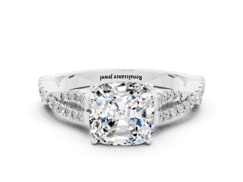 White gold Cushion Cut Moissanite Solitaire Engagement Ring with Twisted Pavé Band and Four-Prong Setting_12