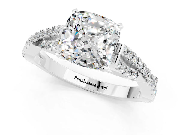 White gold Cushion Cut Moissanite Solitaire Engagement Ring with Twisted Pavé Band and Four-Prong Setting
