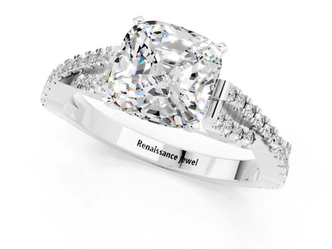 White gold Cushion Cut Moissanite Solitaire Engagement Ring with Twisted Pavé Band and Four-Prong Setting_13