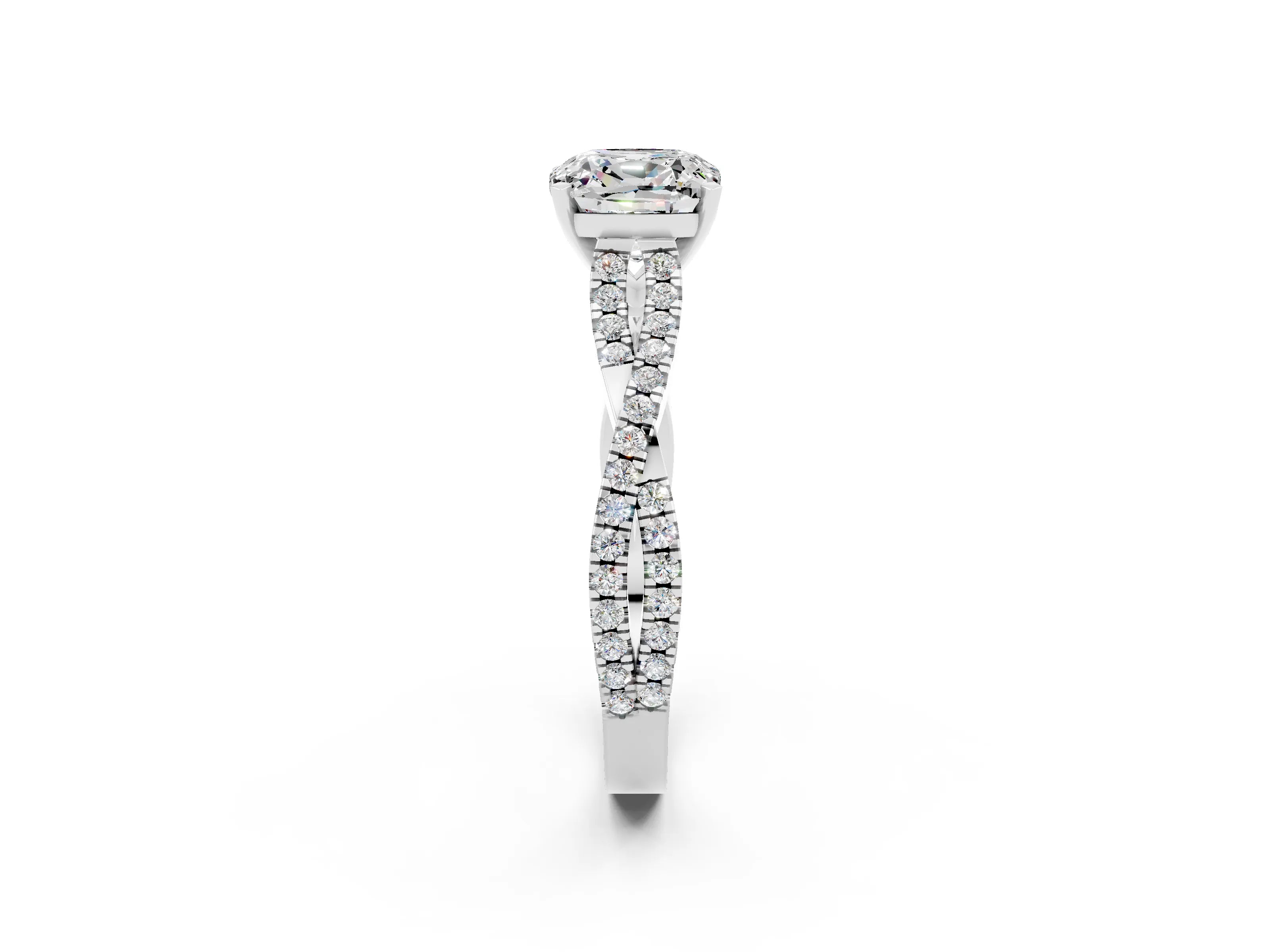 White gold Cushion Cut Moissanite Solitaire Engagement Ring with Twisted Pavé Band and Four-Prong Setting_14