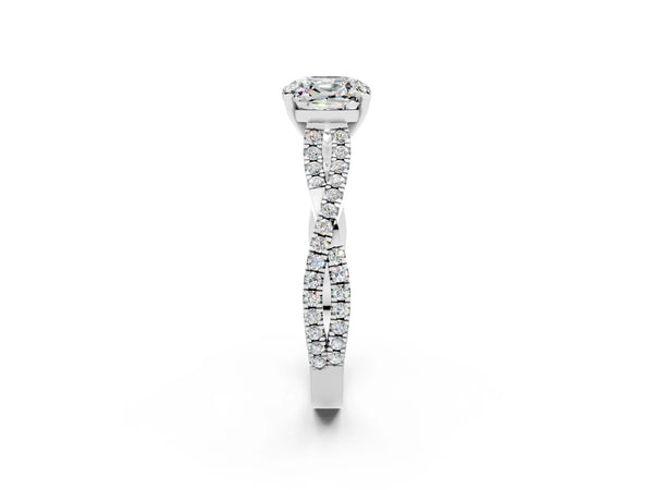 White gold Cushion Cut Moissanite Solitaire Engagement Ring with Twisted Pavé Band and Four-Prong Setting