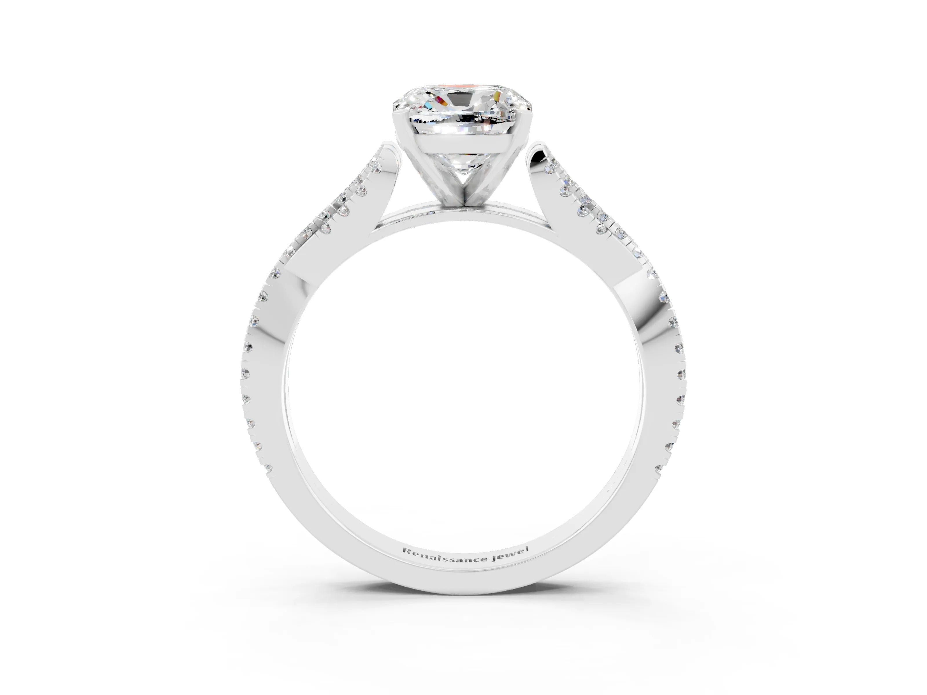White gold Cushion Cut Moissanite Solitaire Engagement Ring with Twisted Pavé Band and Four-Prong Setting_15