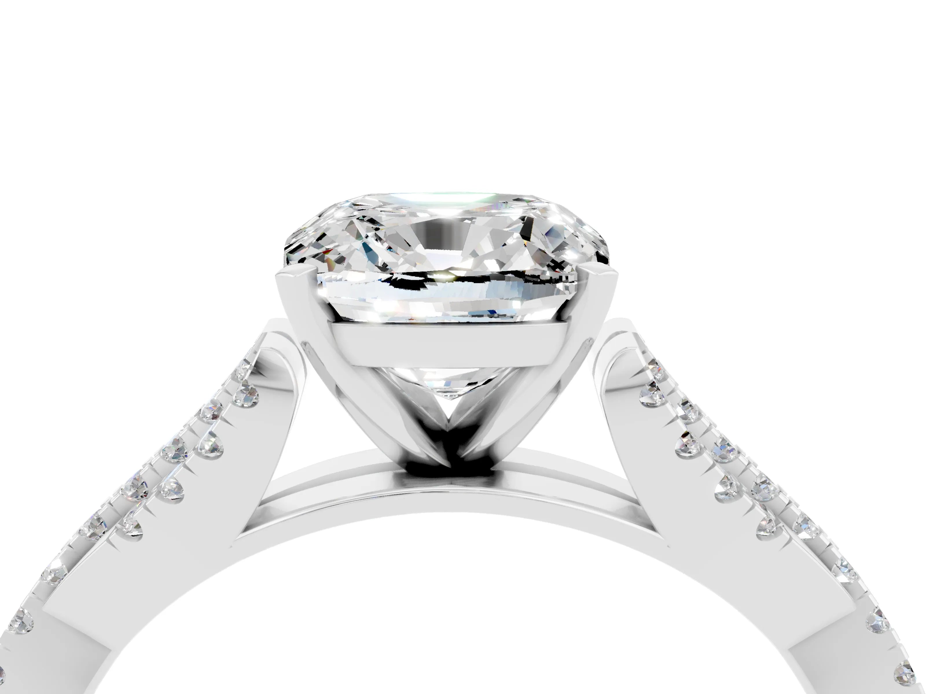 White gold Cushion Cut Moissanite Solitaire Engagement Ring with Twisted Pavé Band and Four-Prong Setting_16