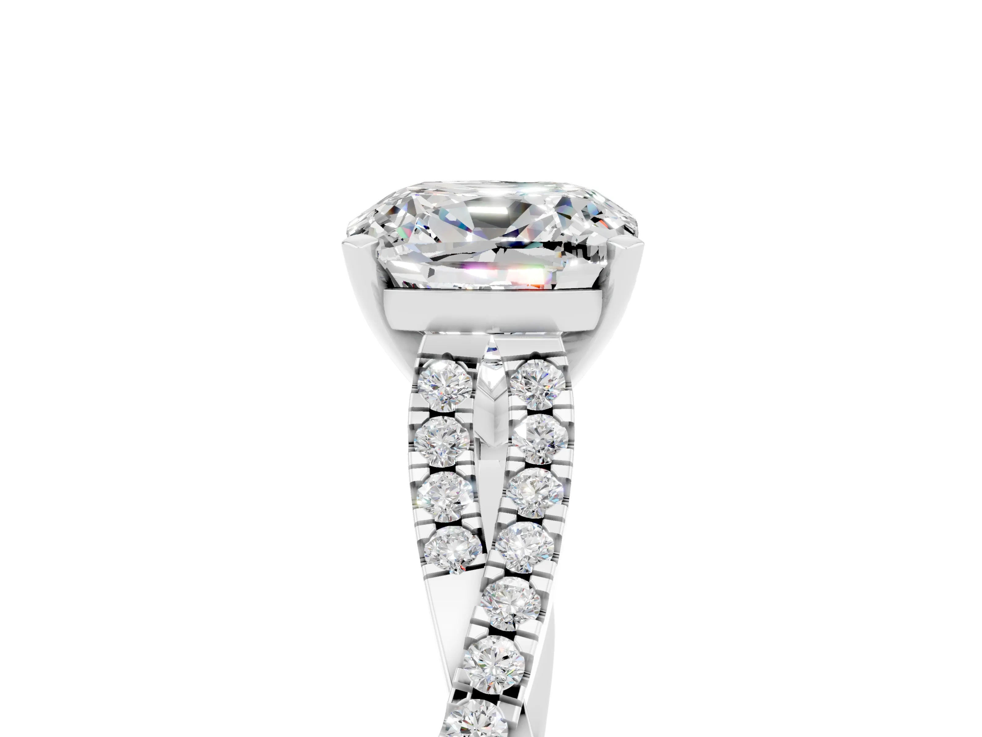 White gold Cushion Cut Moissanite Solitaire Engagement Ring with Twisted Pavé Band and Four-Prong Setting_17