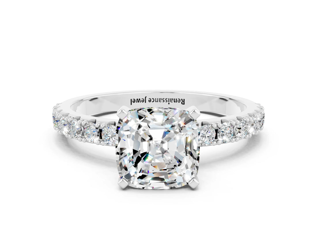 White gold Cushion Cut Moissanite Solitaire Pavé Band with Four-Prong Setting
