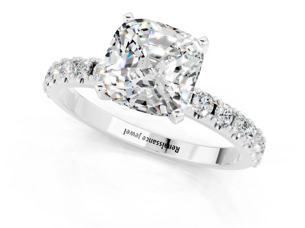 Platinum Cushion Cut Moissanite Solitaire Pavé Band with Four-Prong Setting