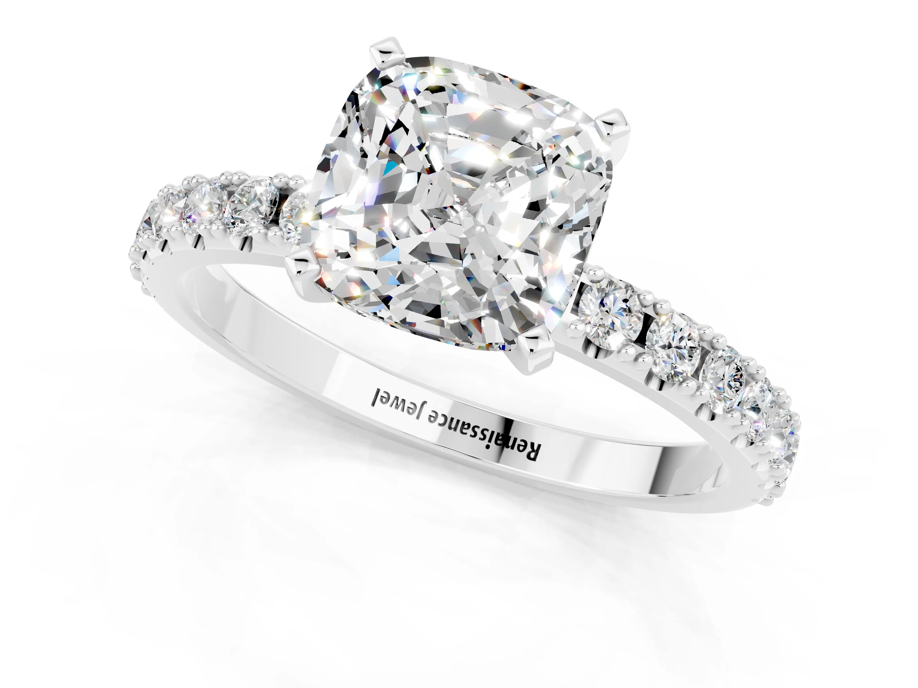 White gold Cushion Cut Moissanite Solitaire Pavé Band with Four-Prong Setting_1