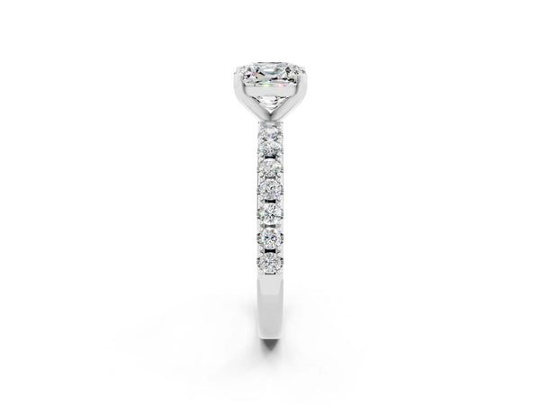 Platinum Cushion Cut Moissanite Solitaire Pavé Band with Four-Prong Setting