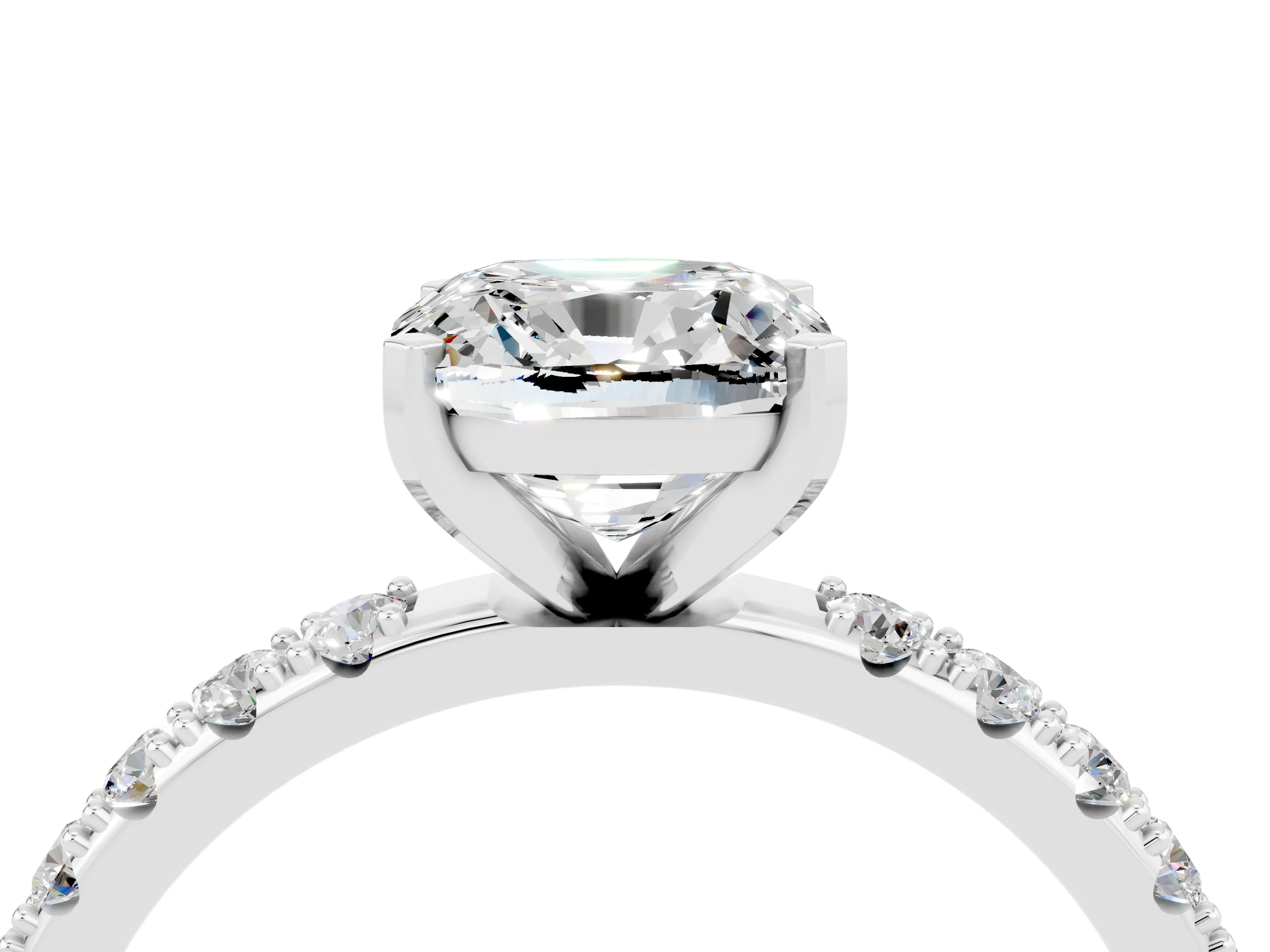 White gold Cushion Cut Moissanite Solitaire Pavé Band with Four-Prong Setting_4