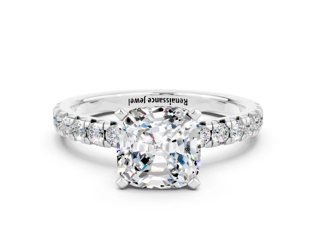 White gold Cushion Cut Moissanite Solitaire Pavé Engagement Ring with Four-Prong Setting_12