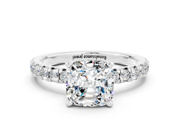 Silver Cushion Cut Moissanite Solitaire Pavé Engagement Ring with Round Band and Prong Setting