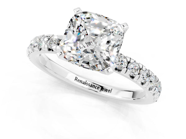 Platinum Cushion Cut Moissanite Solitaire Pavé Engagement Ring with Round Band and Prong Setting