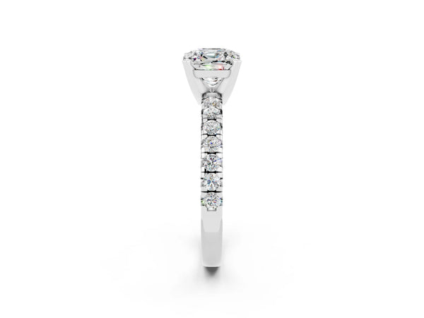 Platinum Cushion Cut Moissanite Solitaire Pavé Engagement Ring with Round Band and Prong Setting