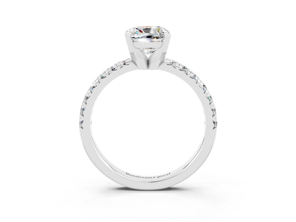 Platinum Cushion Cut Moissanite Solitaire Pavé Engagement Ring with Round Band and Prong Setting