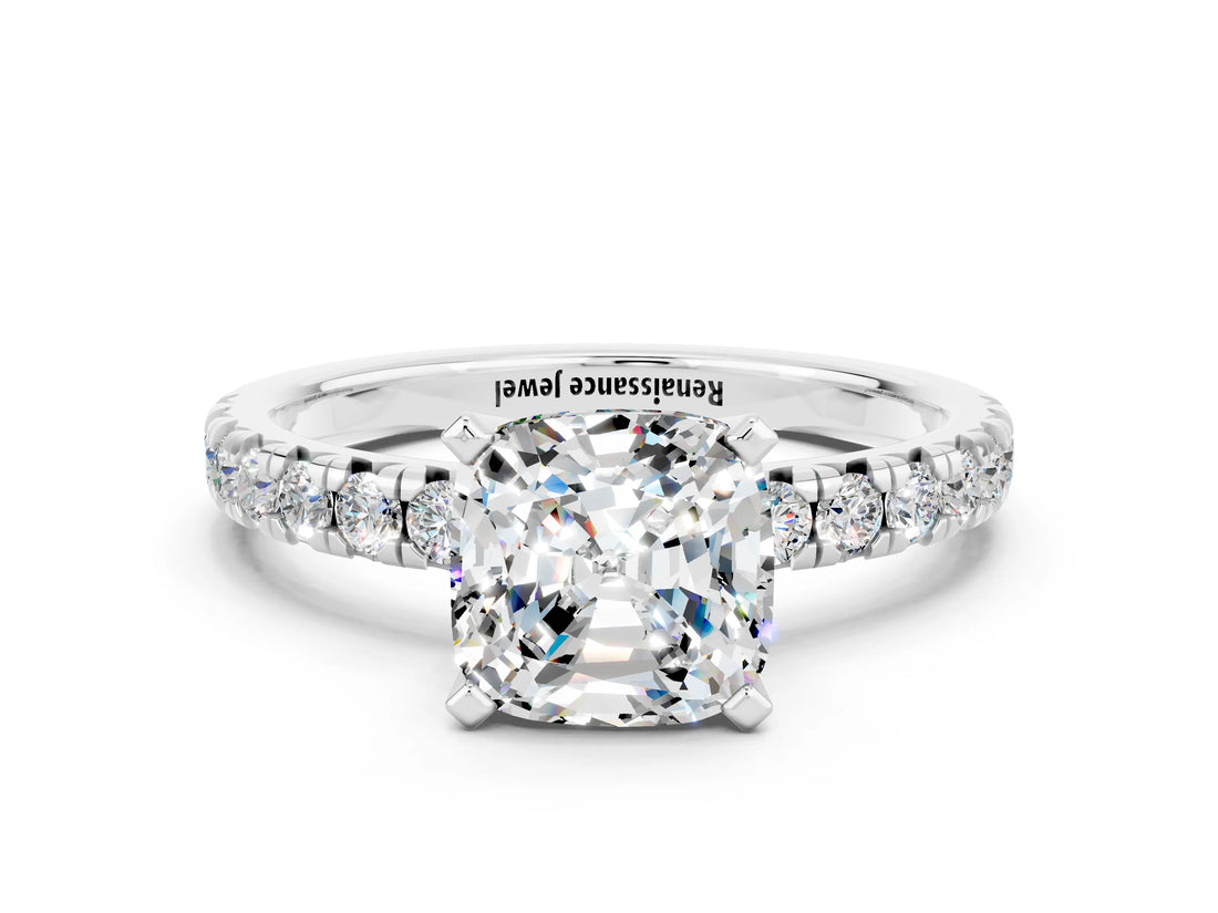 White gold Cushion Cut Moissanite Solitaire Pavé Engagement Ring with Round Band and Prong Setting_84