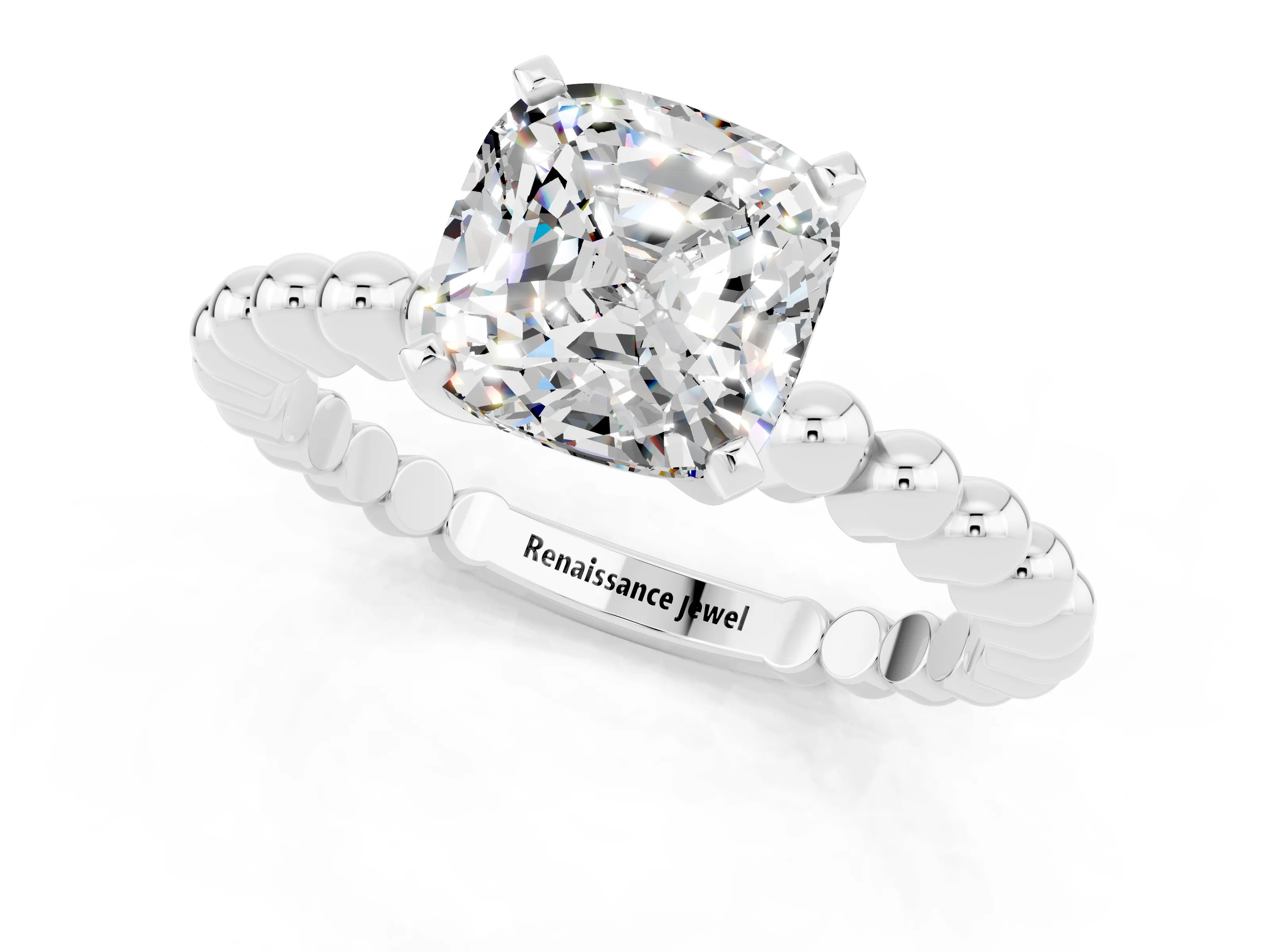 White gold Cushion Cut Moissanite Solitaire Ring with Beaded Band and Prong Setting_31