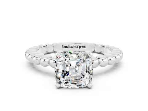 White gold Cushion Cut Moissanite Solitaire Ring with Beaded Band and Prong Setting_32