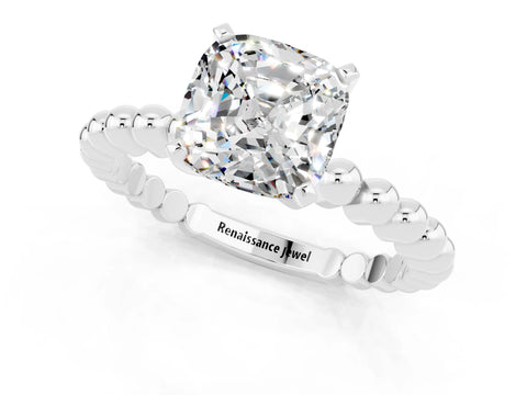 White gold Cushion Cut Moissanite Solitaire Ring with Beaded Band and Prong Setting_33