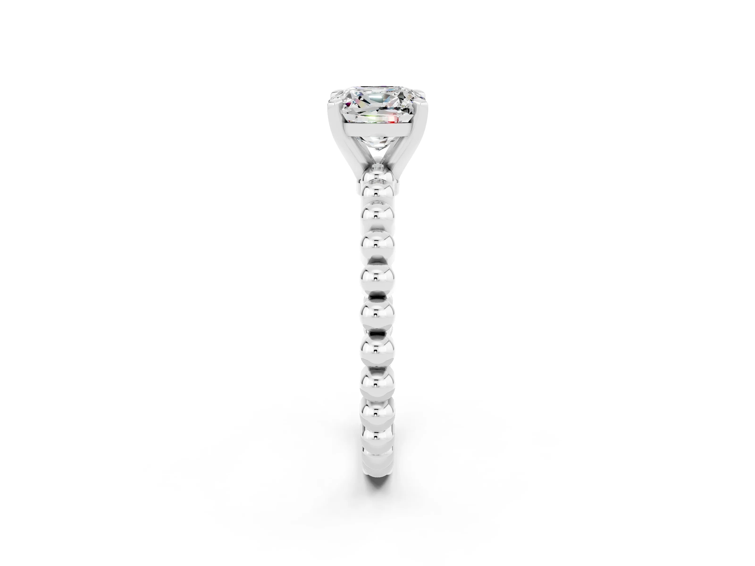 White gold Cushion Cut Moissanite Solitaire Ring with Beaded Band and Prong Setting_34