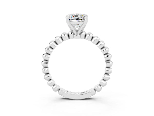Platinum Cushion Cut Moissanite Solitaire Ring with Beaded Band and Prong Setting