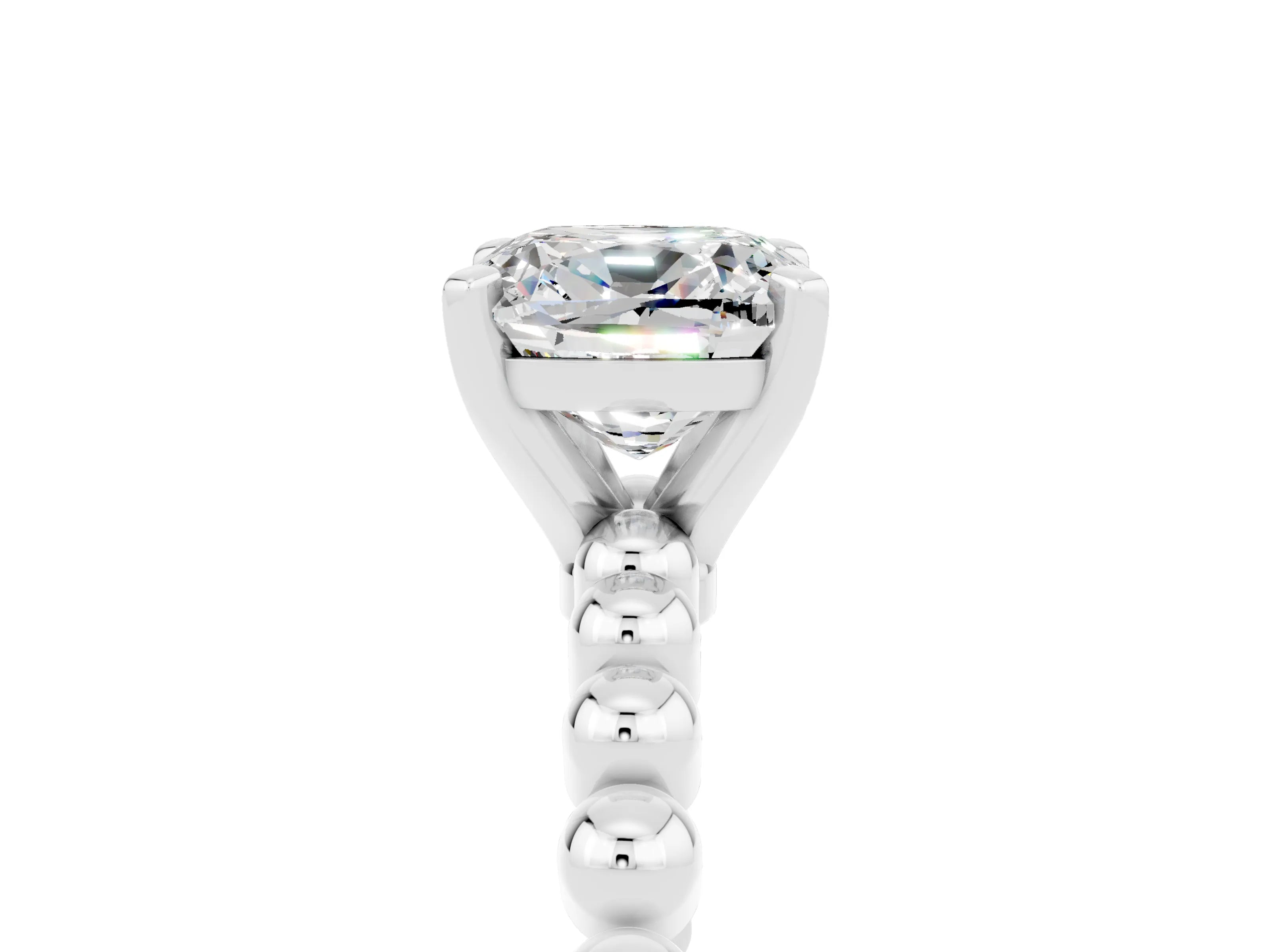 White gold Cushion Cut Moissanite Solitaire Ring with Beaded Band and Prong Setting_35