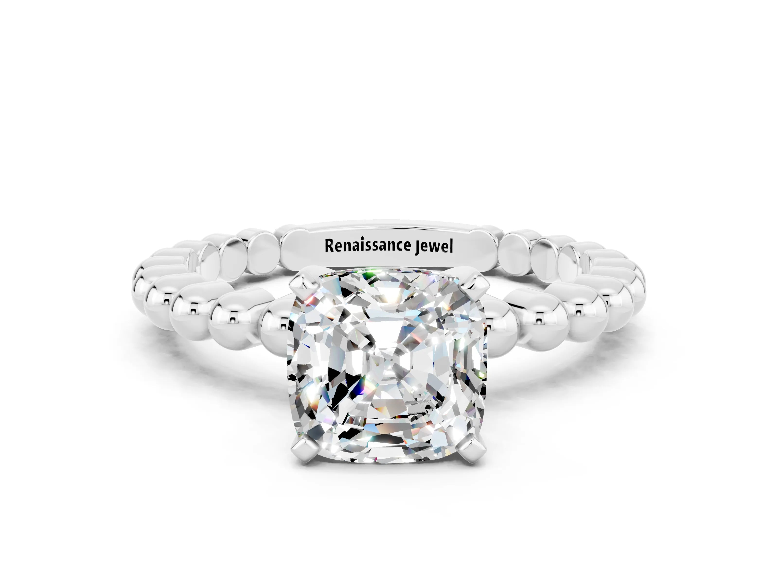 White gold Cushion Cut Moissanite Solitaire Ring with Beaded Band and Prong Setting_42