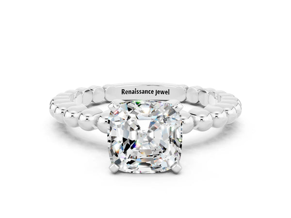 White gold Cushion Cut Moissanite Solitaire Ring with Beaded Band and Prong Setting