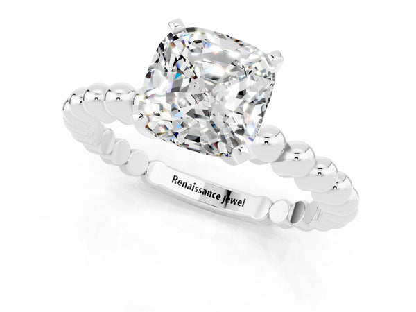 White gold Cushion Cut Moissanite Solitaire Ring with Beaded Band and Prong Setting