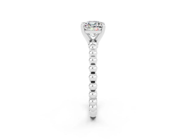 White gold Cushion Cut Moissanite Solitaire Ring with Beaded Band and Prong Setting