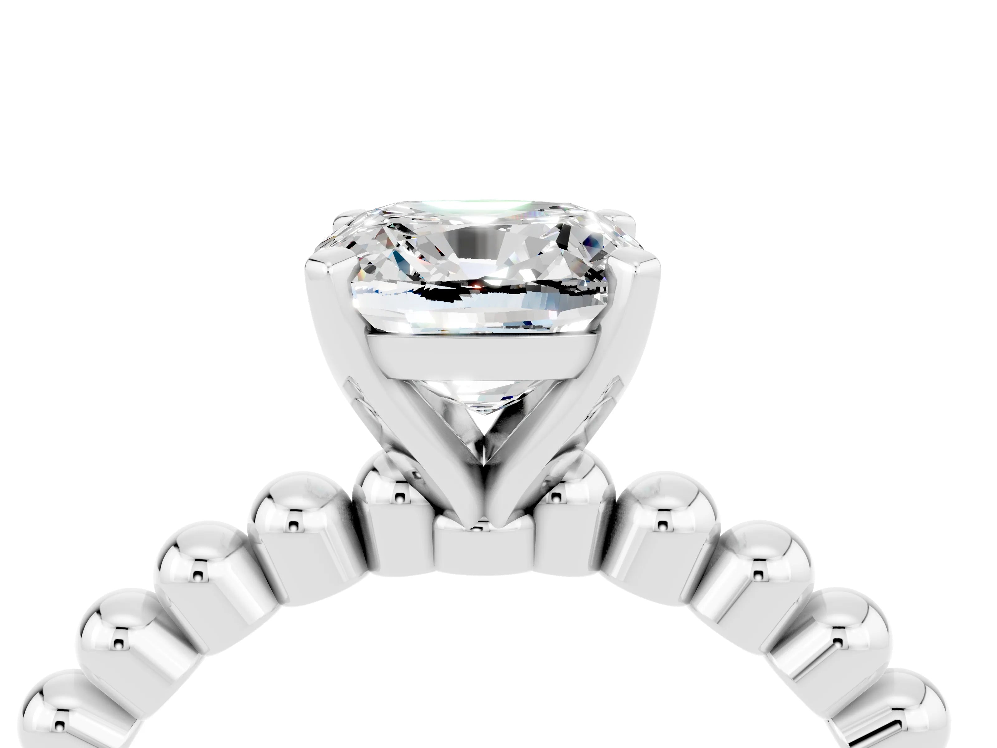 White gold Cushion Cut Moissanite Solitaire Ring with Beaded Band and Prong Setting_46