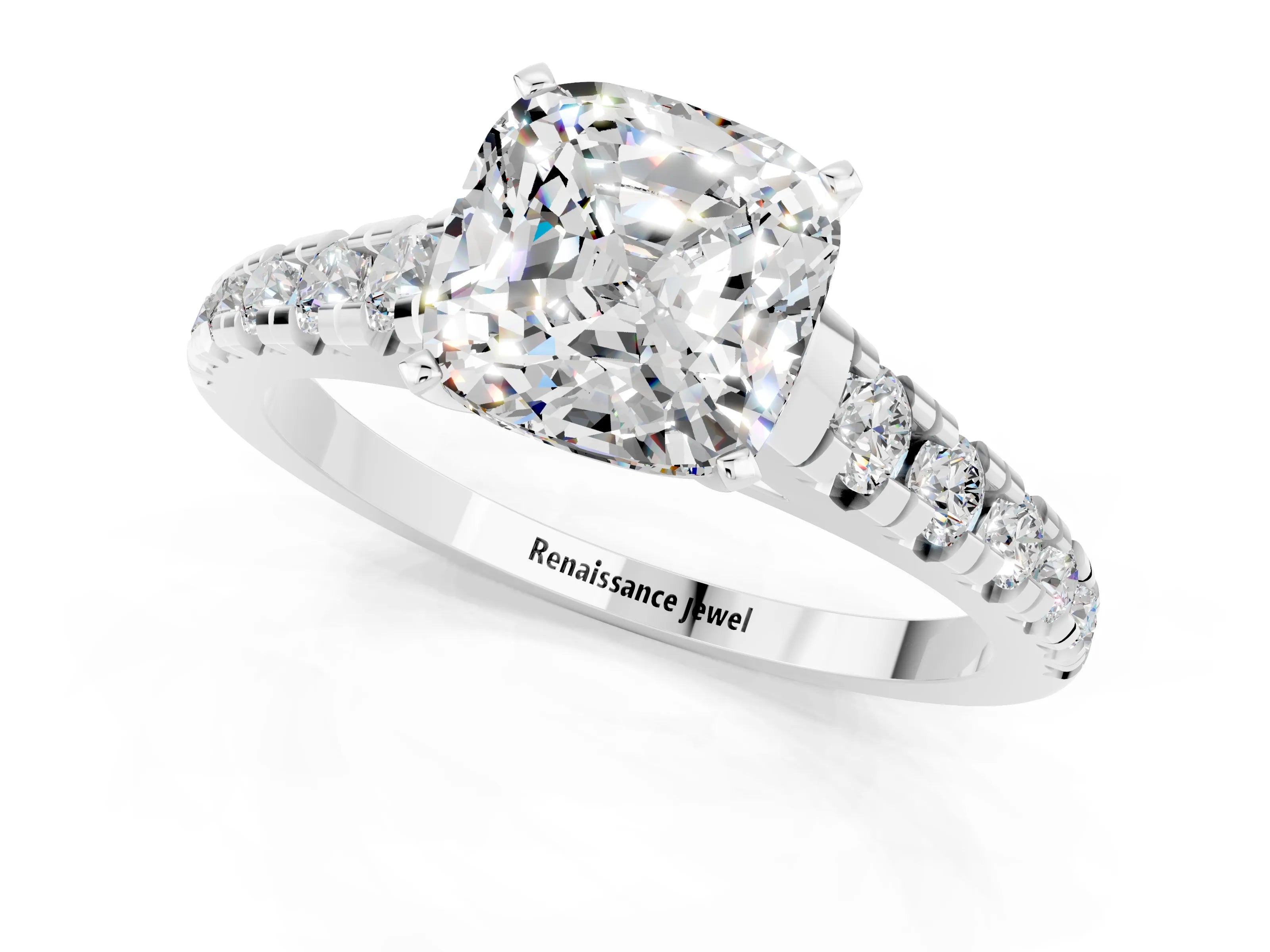 White gold Cushion Cut Moissanite Solitaire Ring with Cathedral Setting and Pavé Band_1