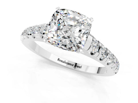 White gold Cushion Cut Moissanite Solitaire Ring with Cathedral Setting and Pavé Band_1