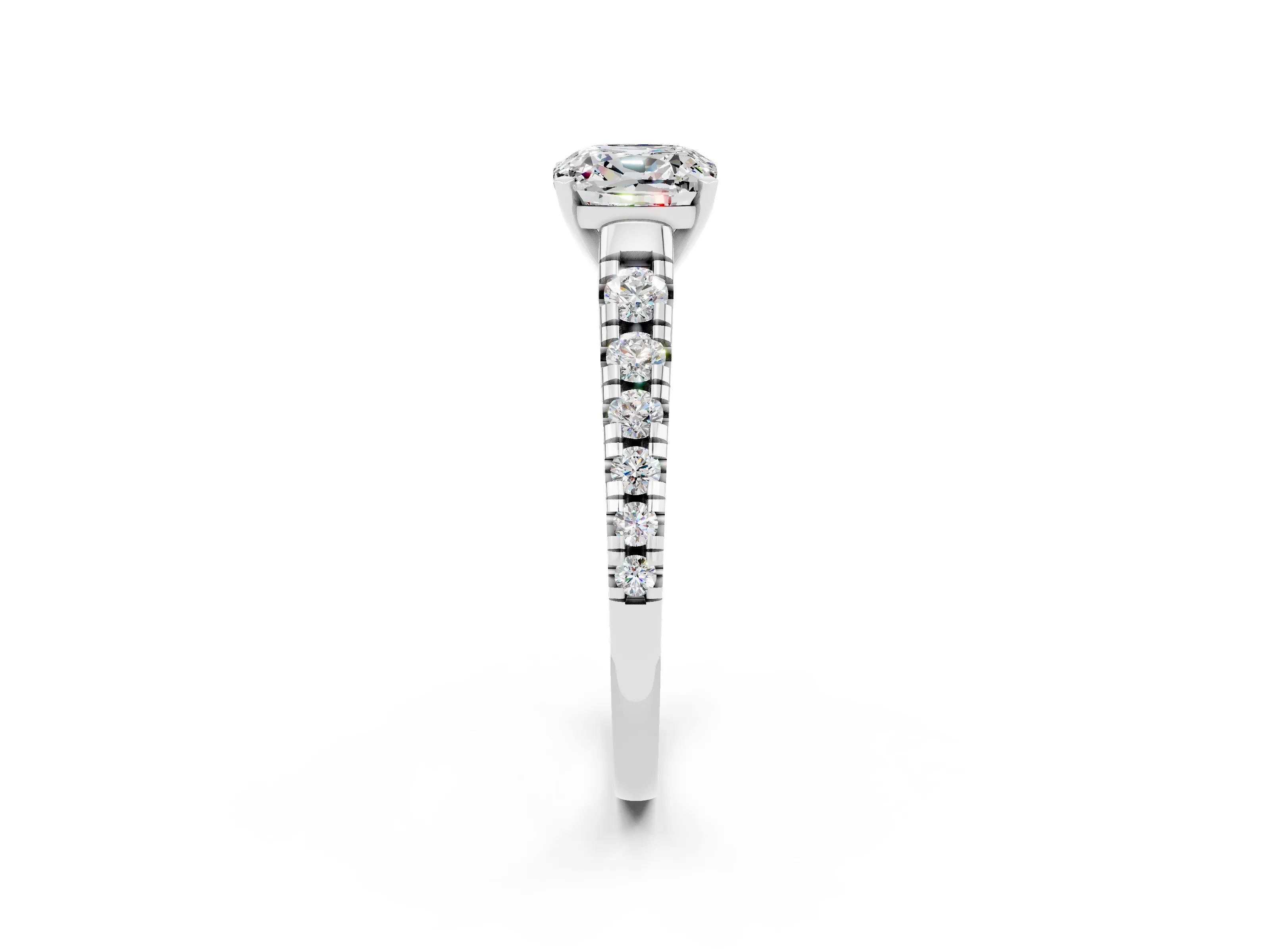 White gold Cushion Cut Moissanite Solitaire Ring with Cathedral Setting and Pavé Band_2